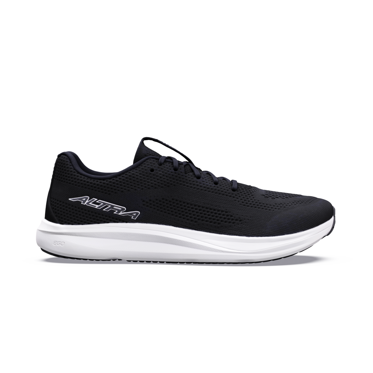 Side view on white background of Womens Altra Escalante 5 running shoe in Black/White/Black, Medium (Regular) width