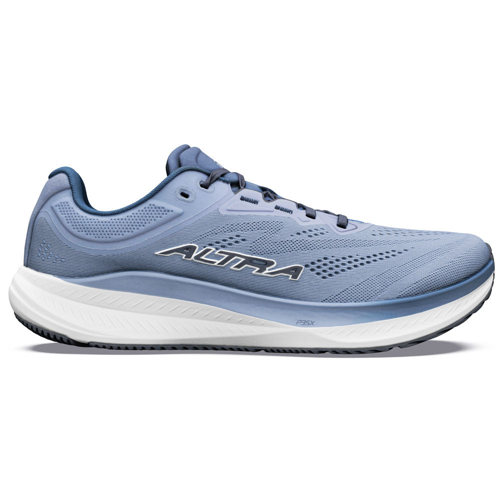 Side view on white background of Mens Altra Torin running shoe in Flint Stone/Blue Nights, Medium (Regular) width