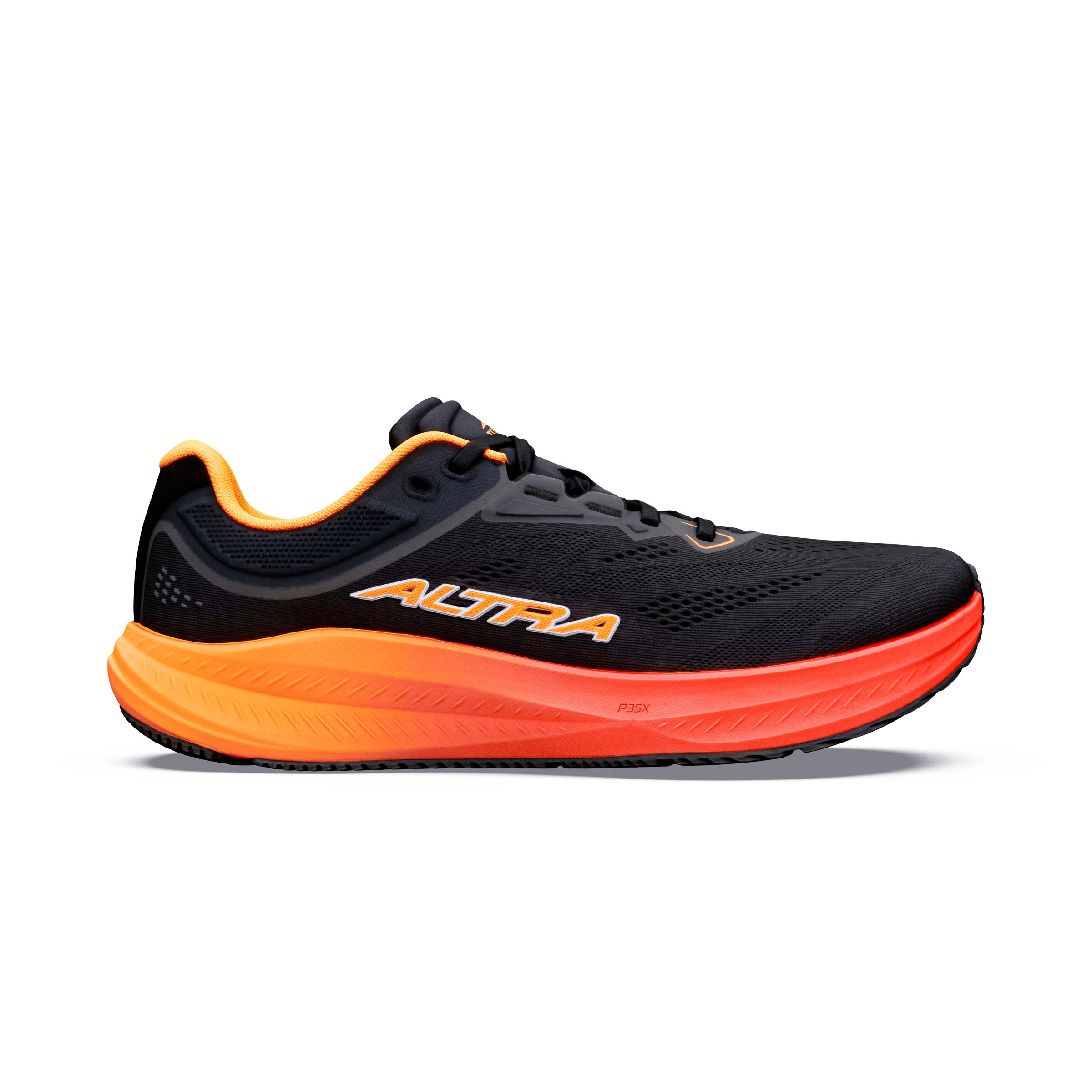 Side view on white background of Mens Altra Torin 9 running shoe in Black/Orange Pop/Fiery Coral, Medium (Regular) width