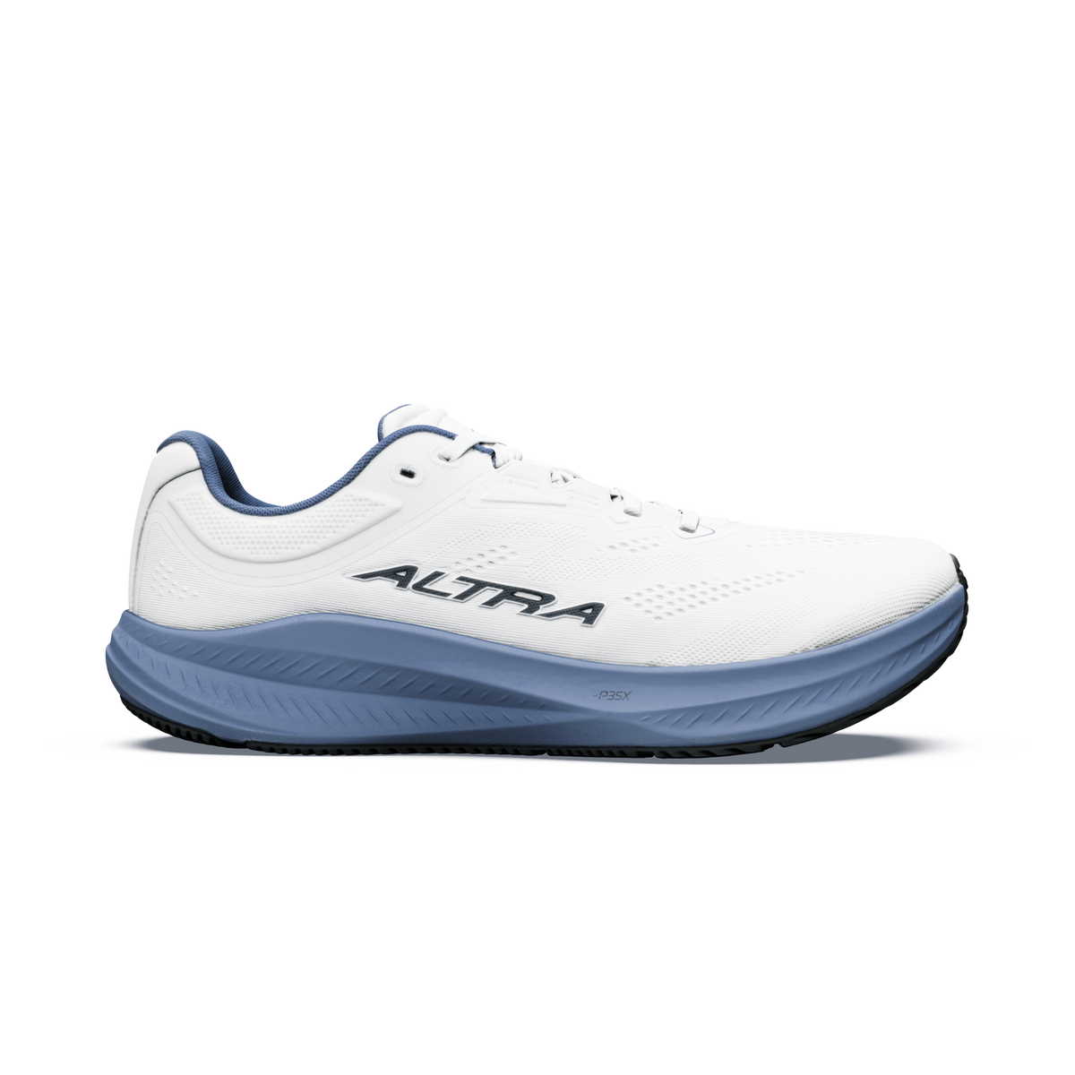 Side view on white background of Mens Altra Torin 9 running shoe in White/Black/Flint Stone, Medium (Regular) width