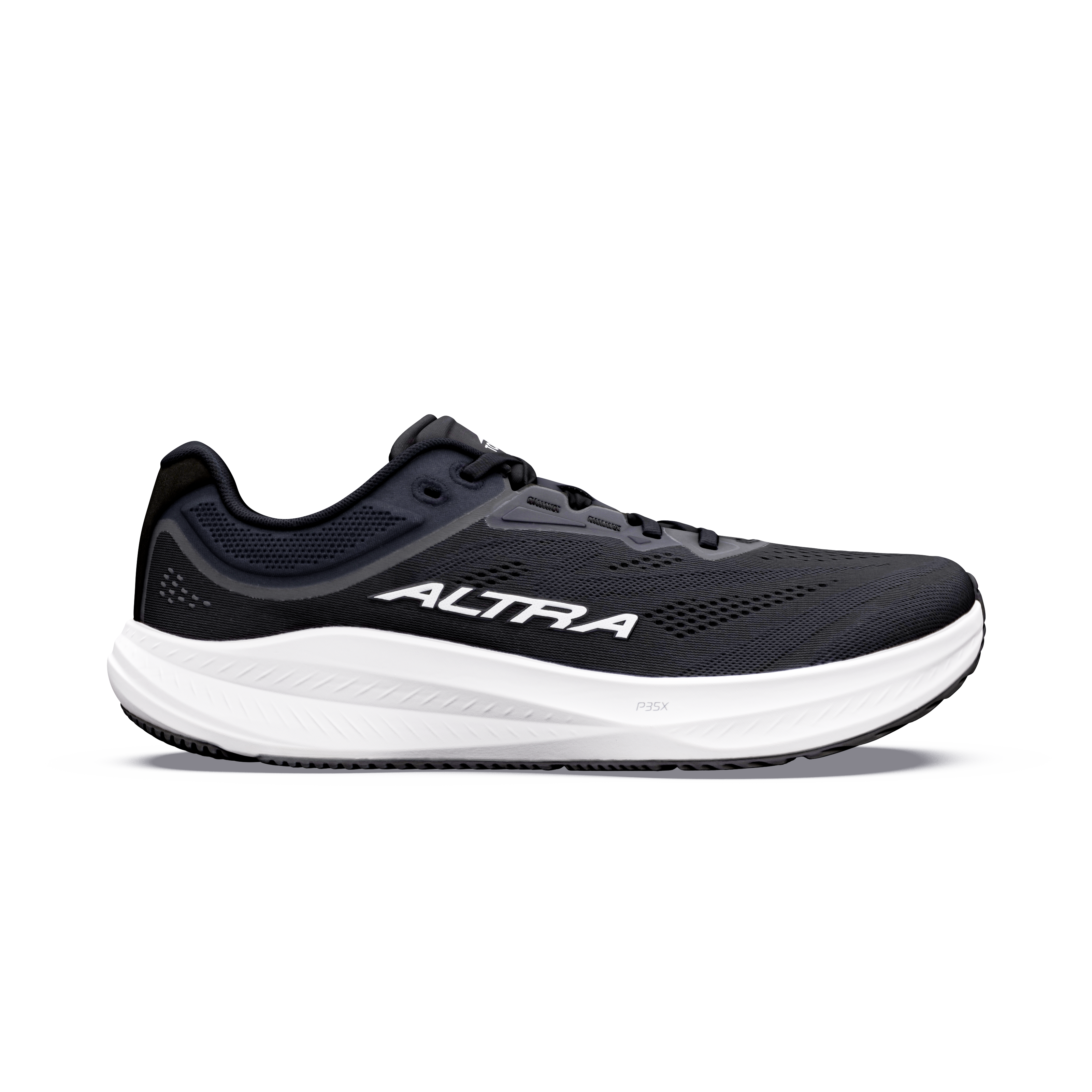 Side view on white background of Mens Altra Torin 9 running shoe in Black/White/Black, Wide width