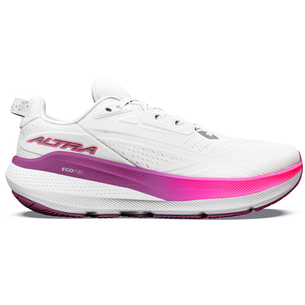Side view on white background of Womens Altra FWD Via running shoe in Ice/Silver/Wndwrd Blue, Medium (Regular) width