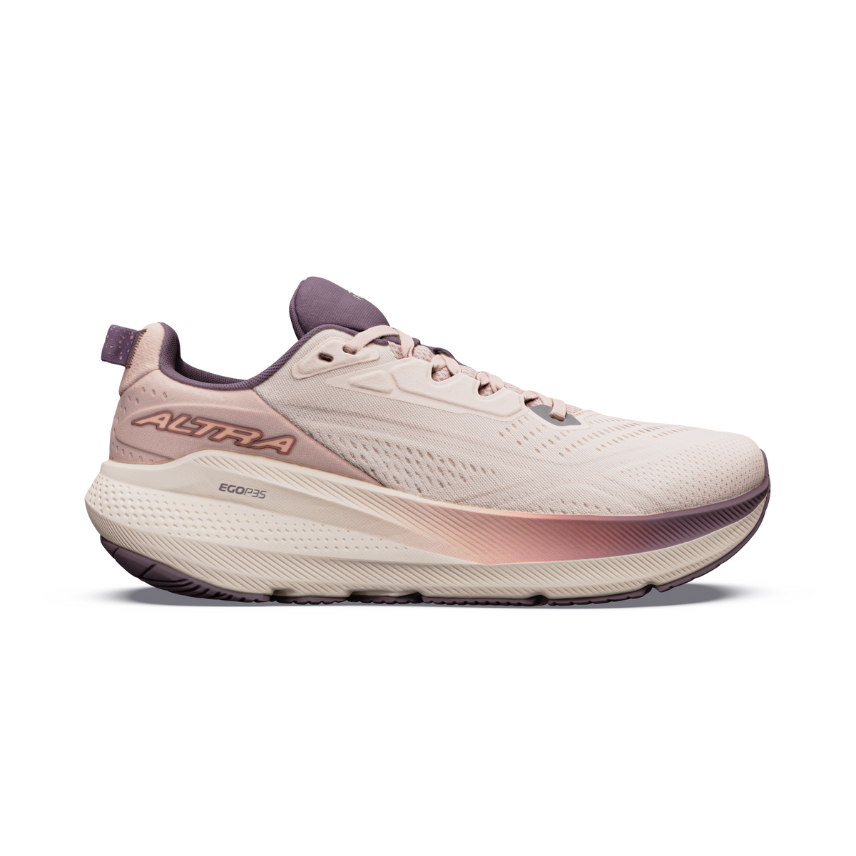 Side view on white background of Womens Altra Fwd Via 2 running shoe in Whisper Pink/Rose Gold, Medium (Regular) width