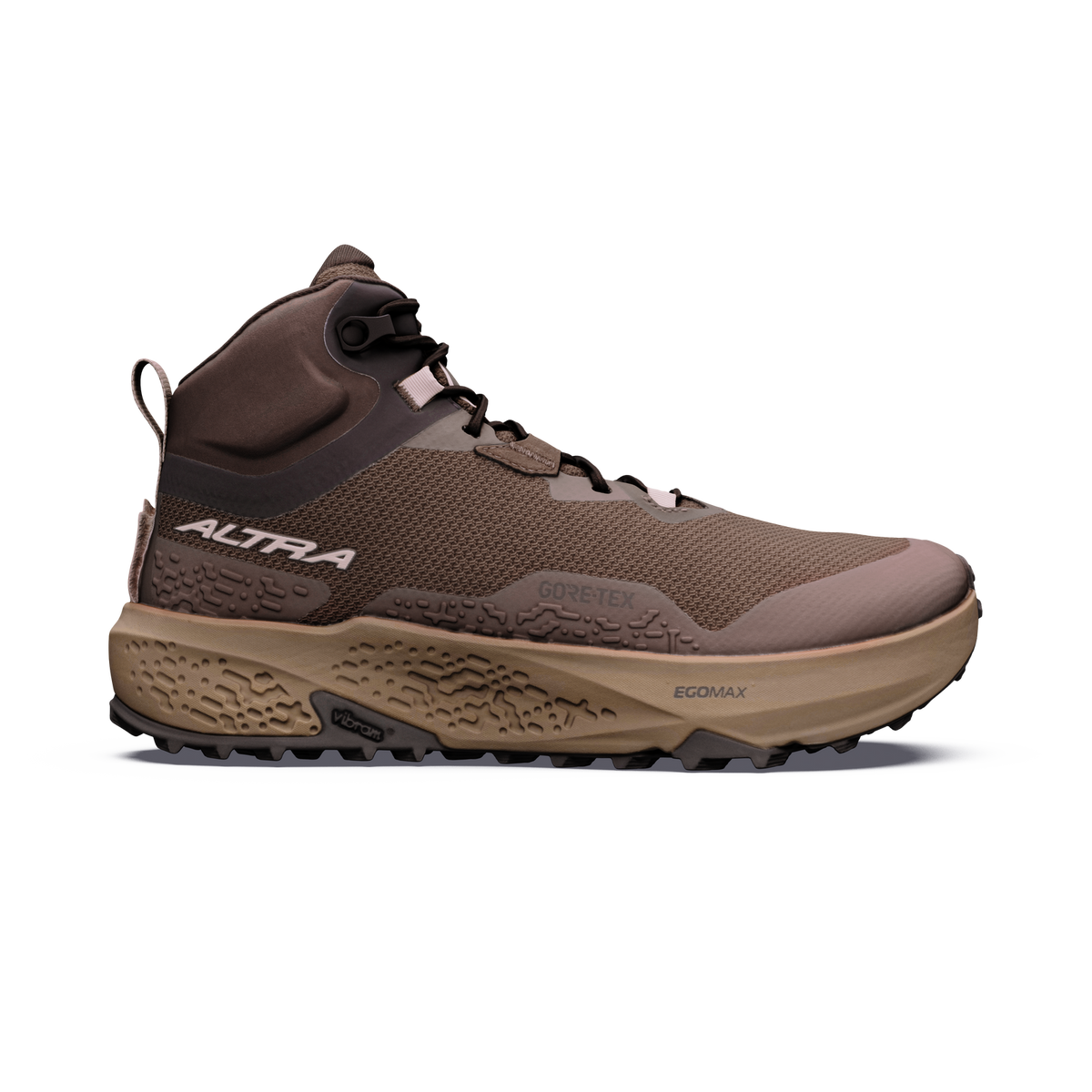 Side view on white background of Womens Altra Timp 6 Mid GTX running shoe in Dusty Olive, Medium (Regular) width