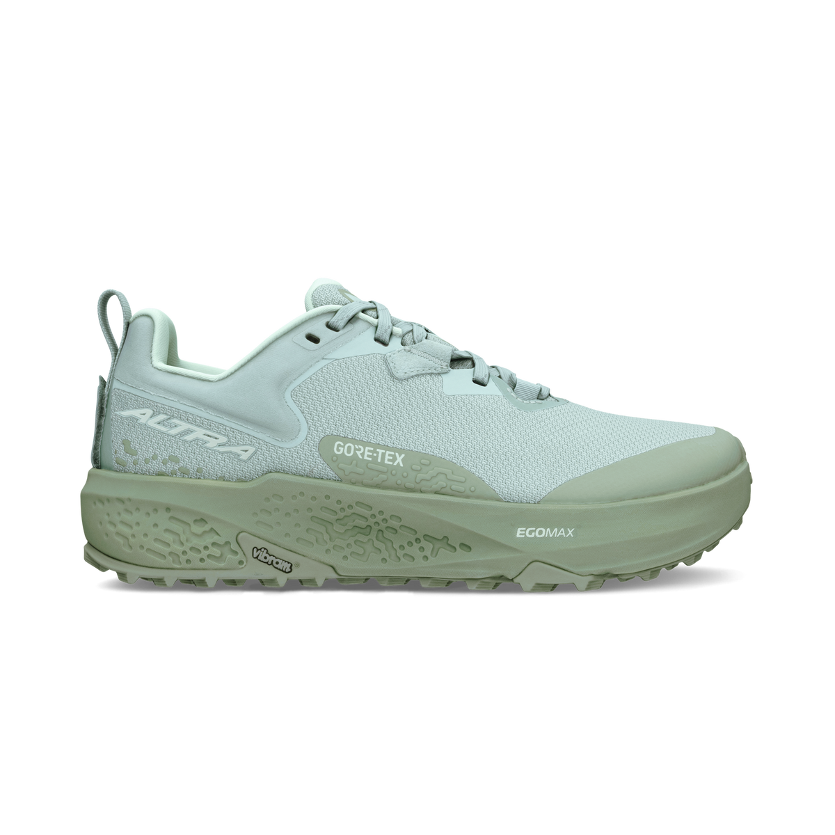Side view on white background of Womens Altra Timp 6 GTX running shoe in Dusty Olive, Medium (Regular) width
