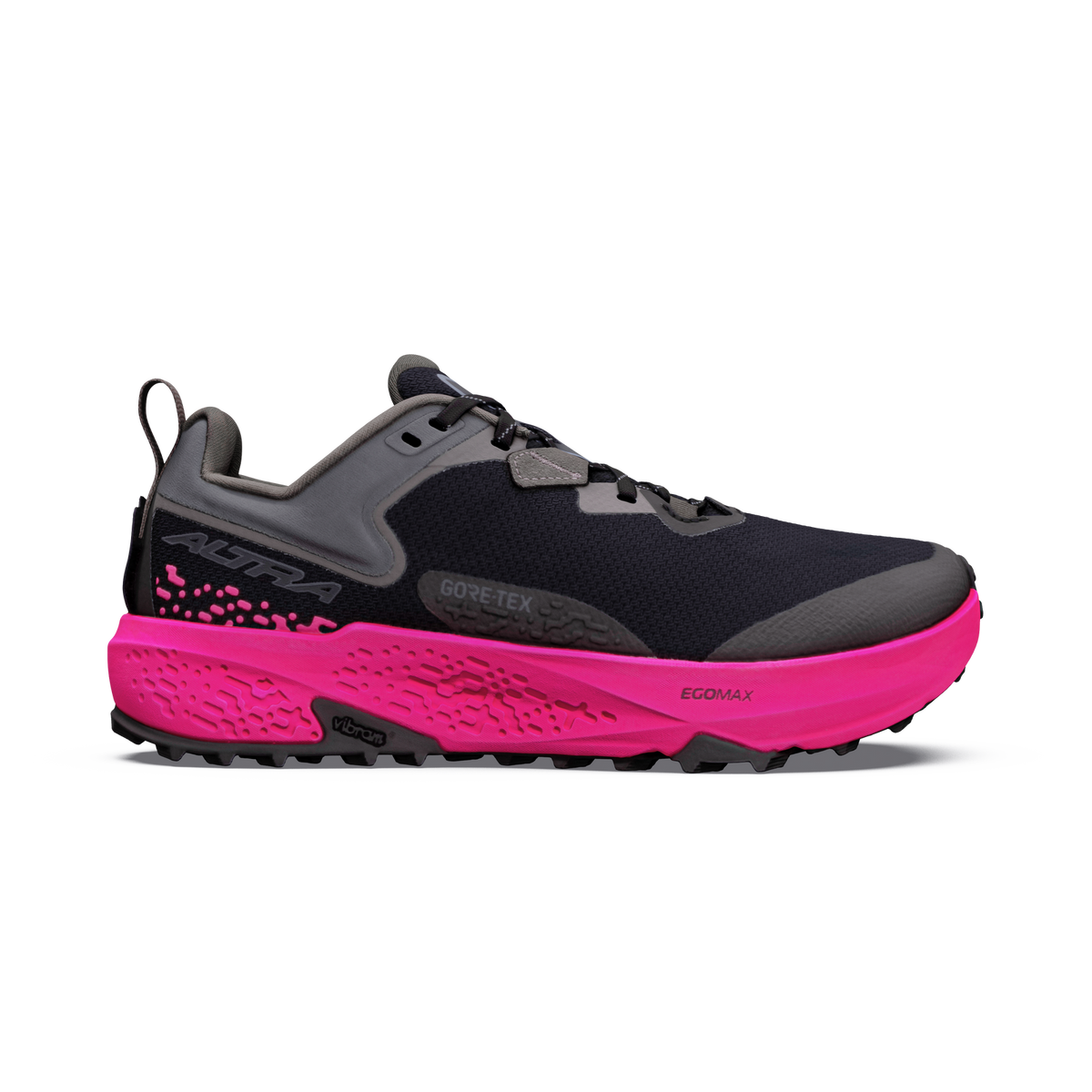 Side view on white background of Womens Altra Timp 6 GTX running shoe in Black/Dark Shadow/Pink Glow, Medium (Regular) width