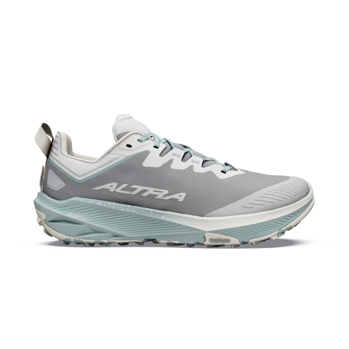Side view on white background of Mens Altra Experience Wild 3 running shoe in Ultimate Grey/Bone White, Medium (Regular) width