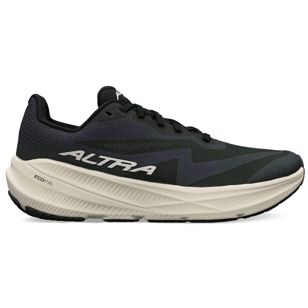 Side view on white background of Womens Altra Experience running shoe in Black/White, Medium (Regular) width