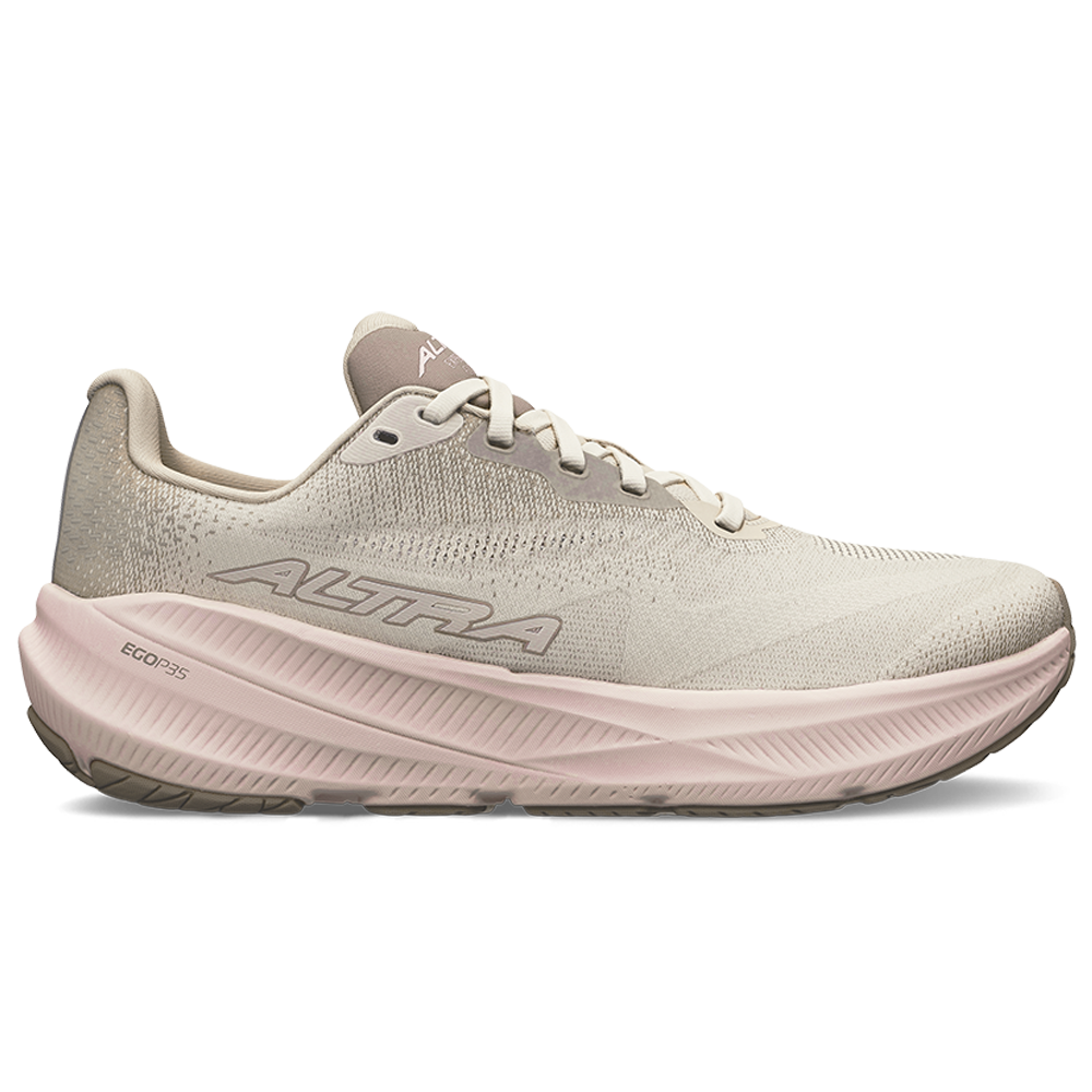 Side view on white background of Womens Altra Experience running shoe in Tan, Medium (Regular) width