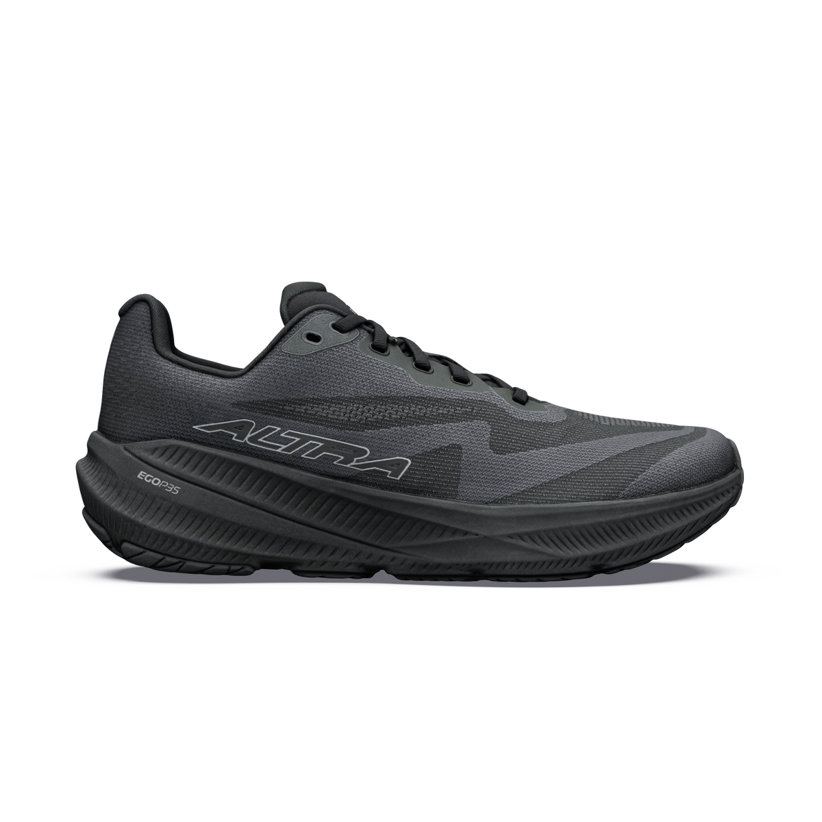 Side view on white background of Womens Altra Experience Flow 3 running shoe in Black/Black/Castlerock, Medium (Regular) width