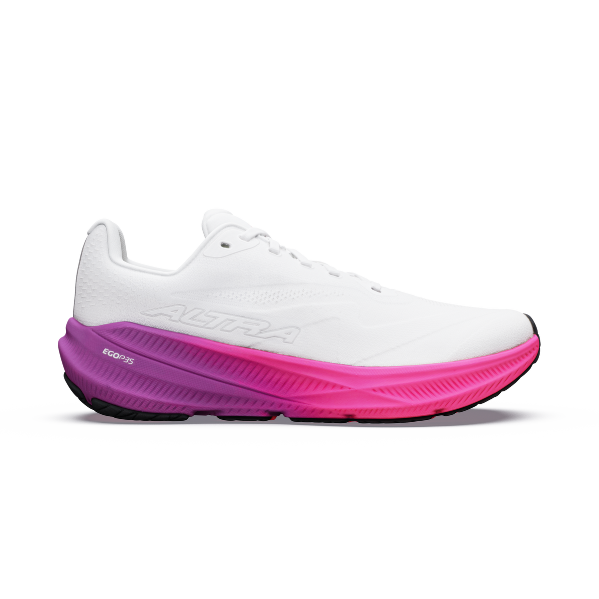 Side view on white background of Womens Altra Experience Flow 3 running shoe in White/Purple/Cactus Purple, Medium (Regular) width