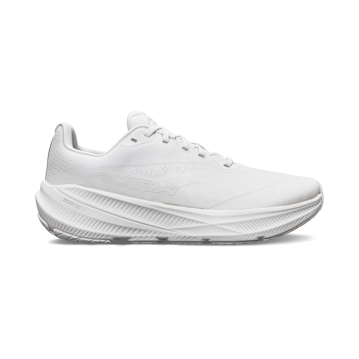 Side view on white background of Womens Altra Experience Flow 3 running shoe in White/White, Medium (Regular) width