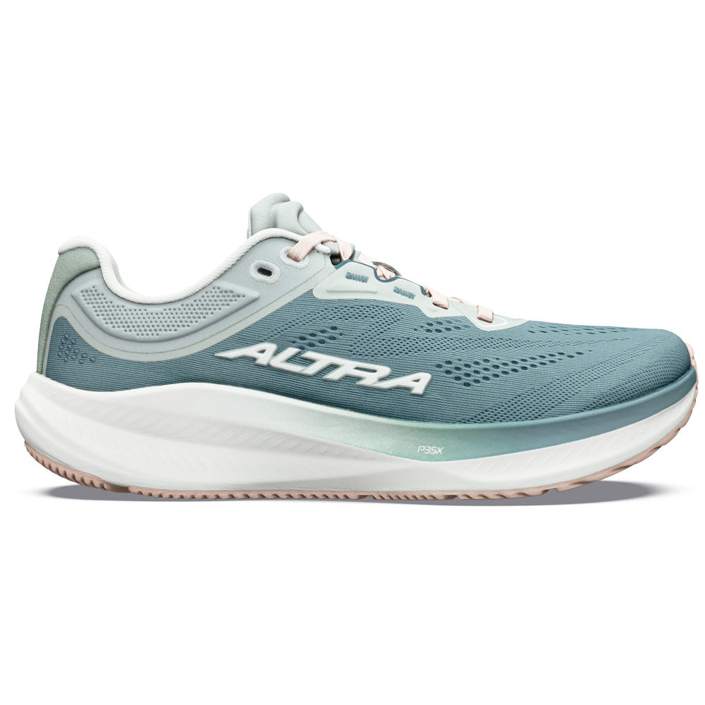 Side view on white background of Womens Altra Torin running shoe in Sea Pine/Ice/Greenmileu, Medium (Regular) width