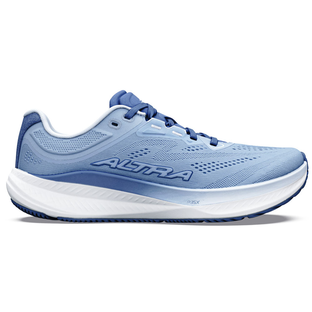Side view on white background of Womens Altra Torin running shoe in Windwardblue/White/Dkdm, Medium (Regular) width