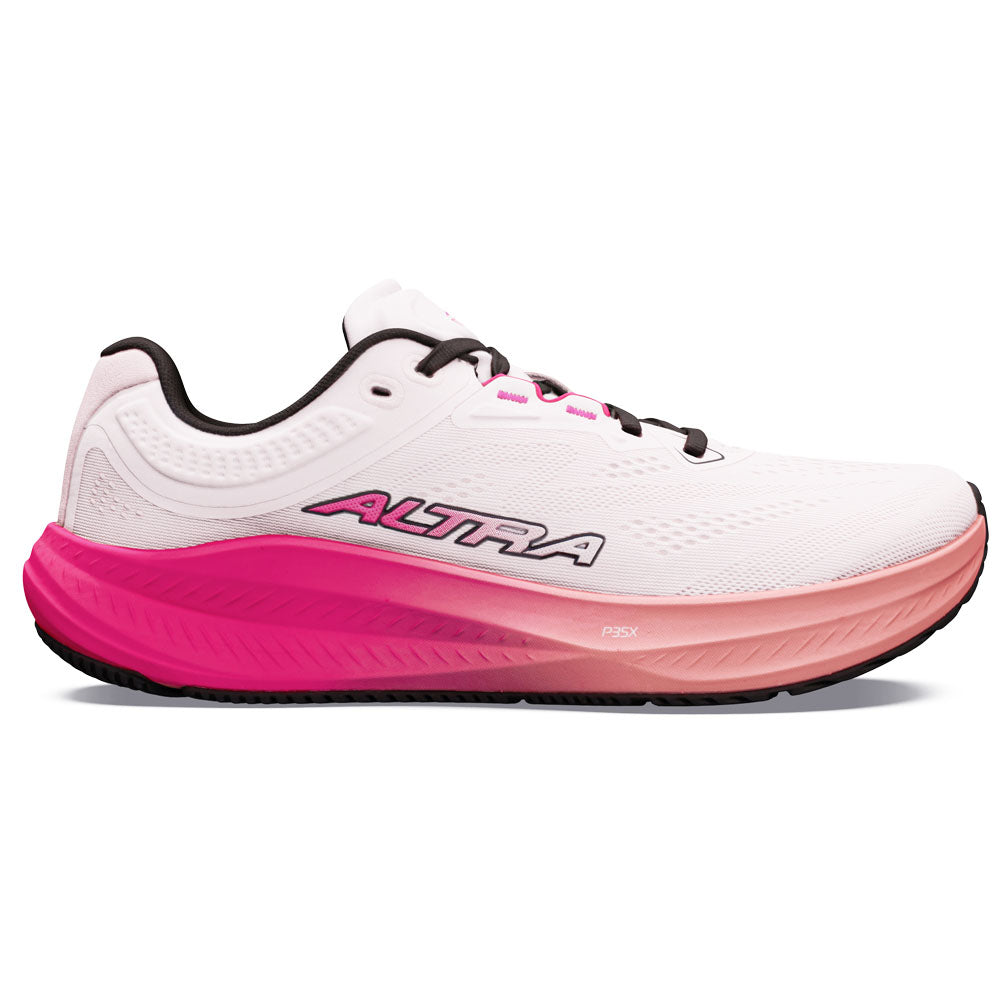 Side view on white background of Womens Altra Torin running shoe in Coconut Cream/Pink Glow, Medium (Regular) width