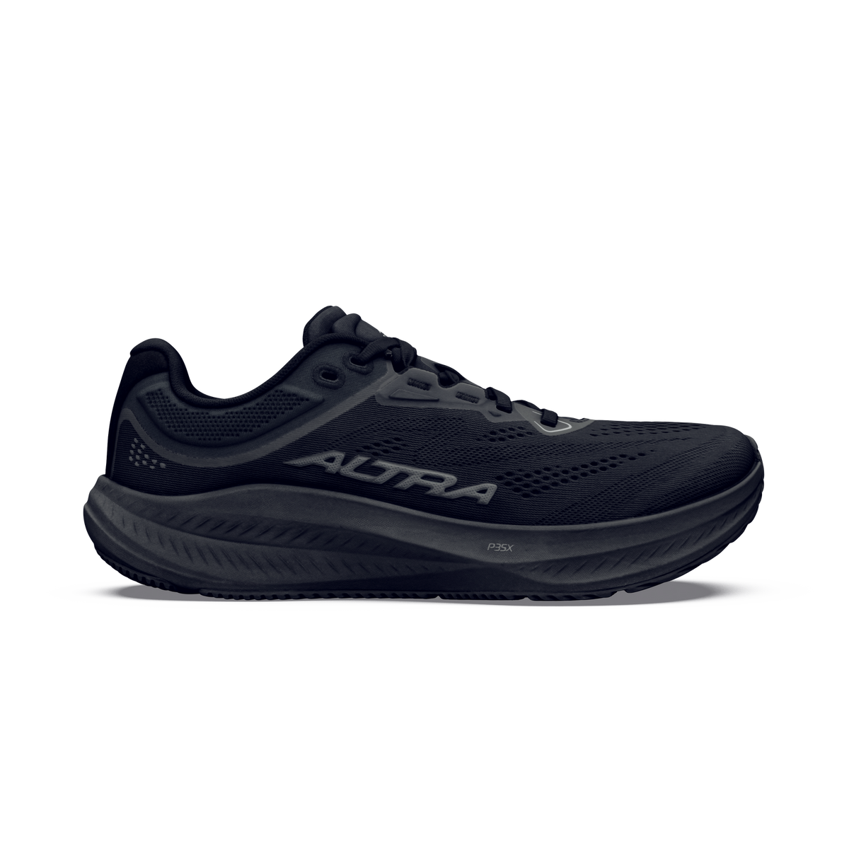 Side view on white background of Womens Altra Torin 9 running shoe in Black/Black/Castlerock, Medium (Regular) width