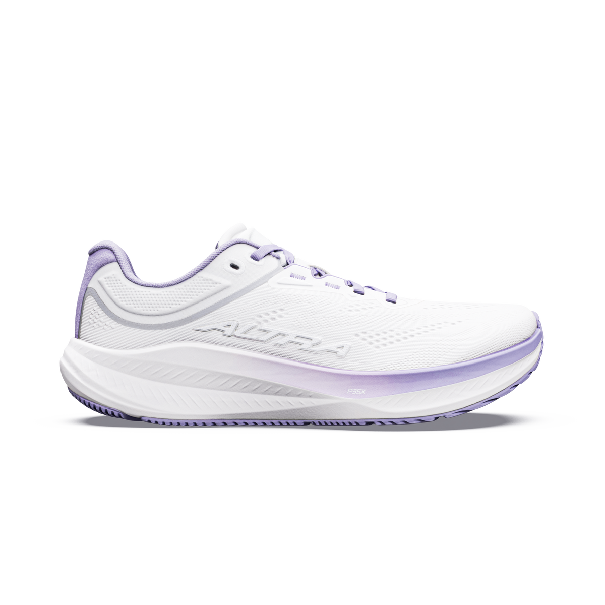 Side view on white background of Womens Altra Torin 9 running shoe in White/White/Wisteria, Medium (Regular) width