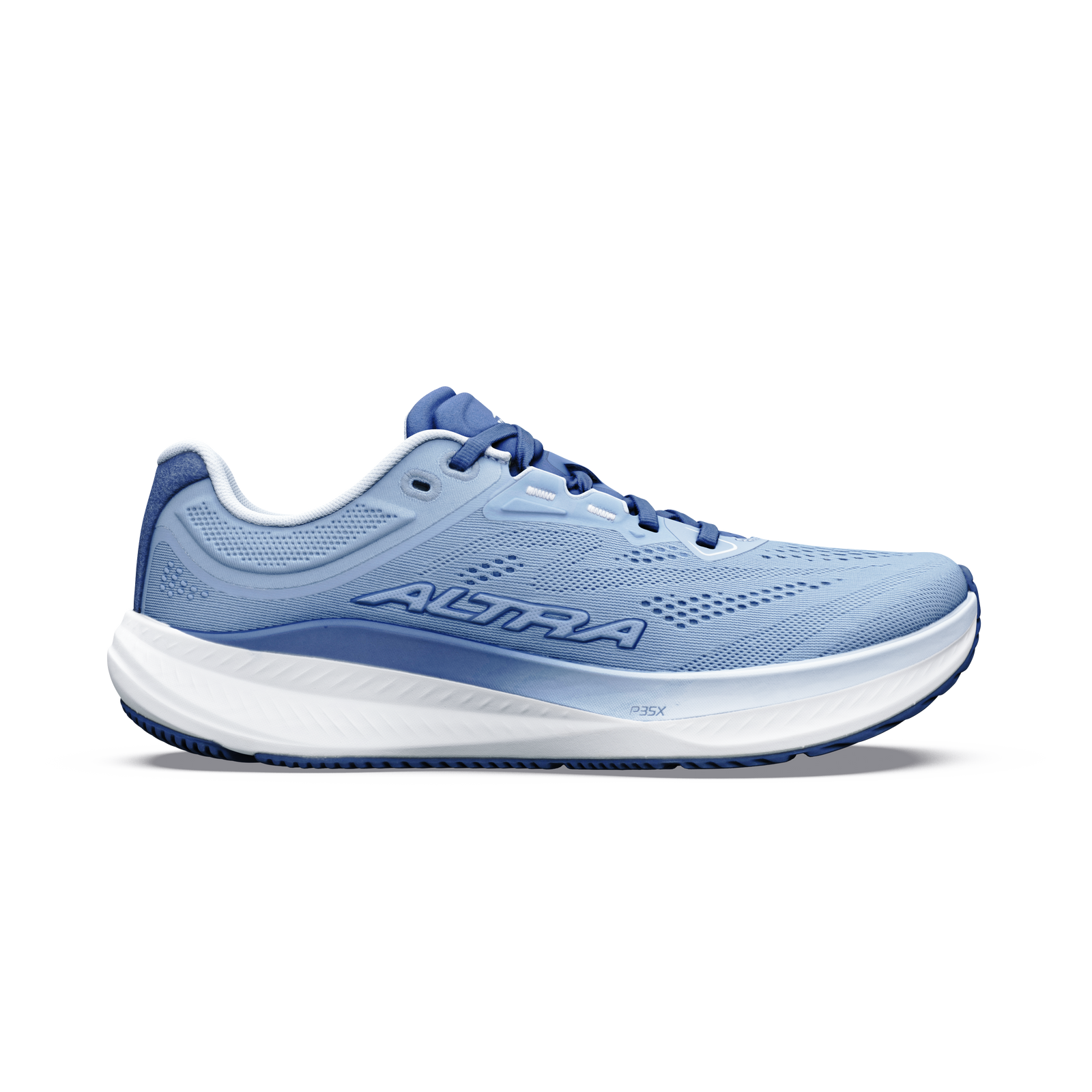 Side view on white background of Womens Altra Torin 9 running shoe in Windward Blue/White, Medium (Regular) width