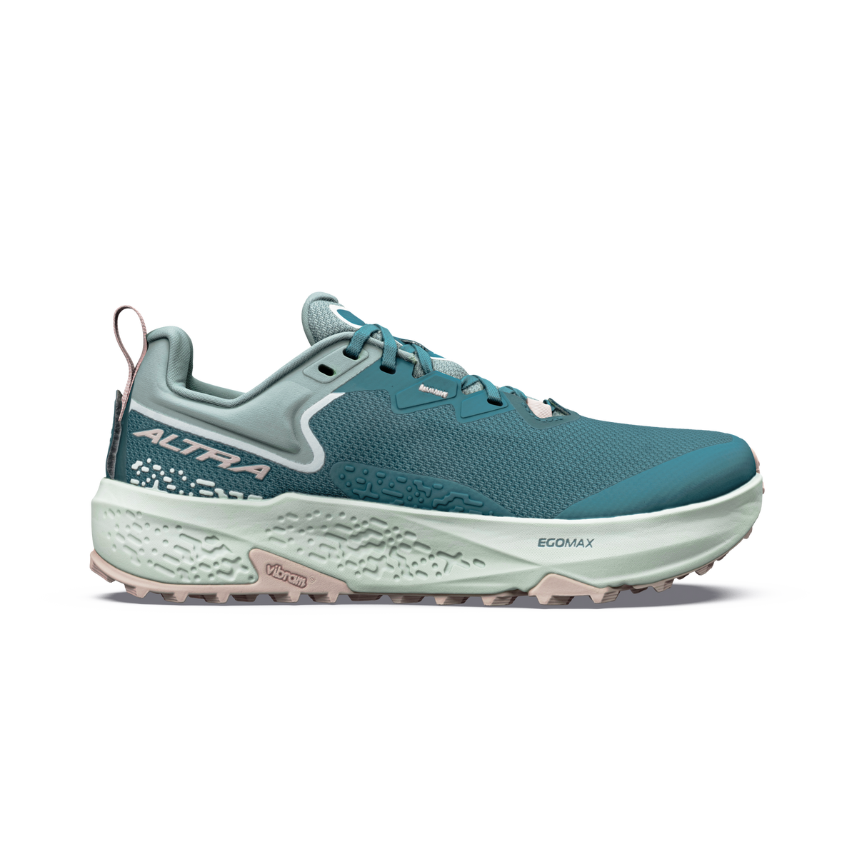 Side view on white background of Womens Altra Timp 6 running shoe in Sea Pine/Whisper Pink/Green, Medium (Regular) width