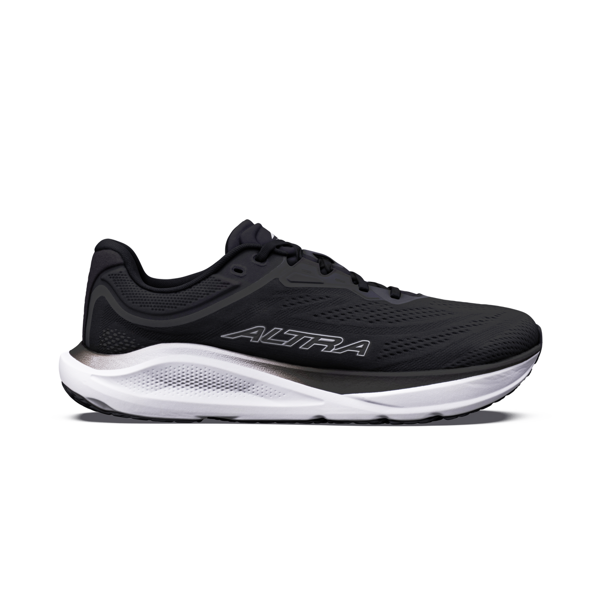 Side view on white background of Mens Altra Torin ST running shoe in Black/Black/White, Wide width