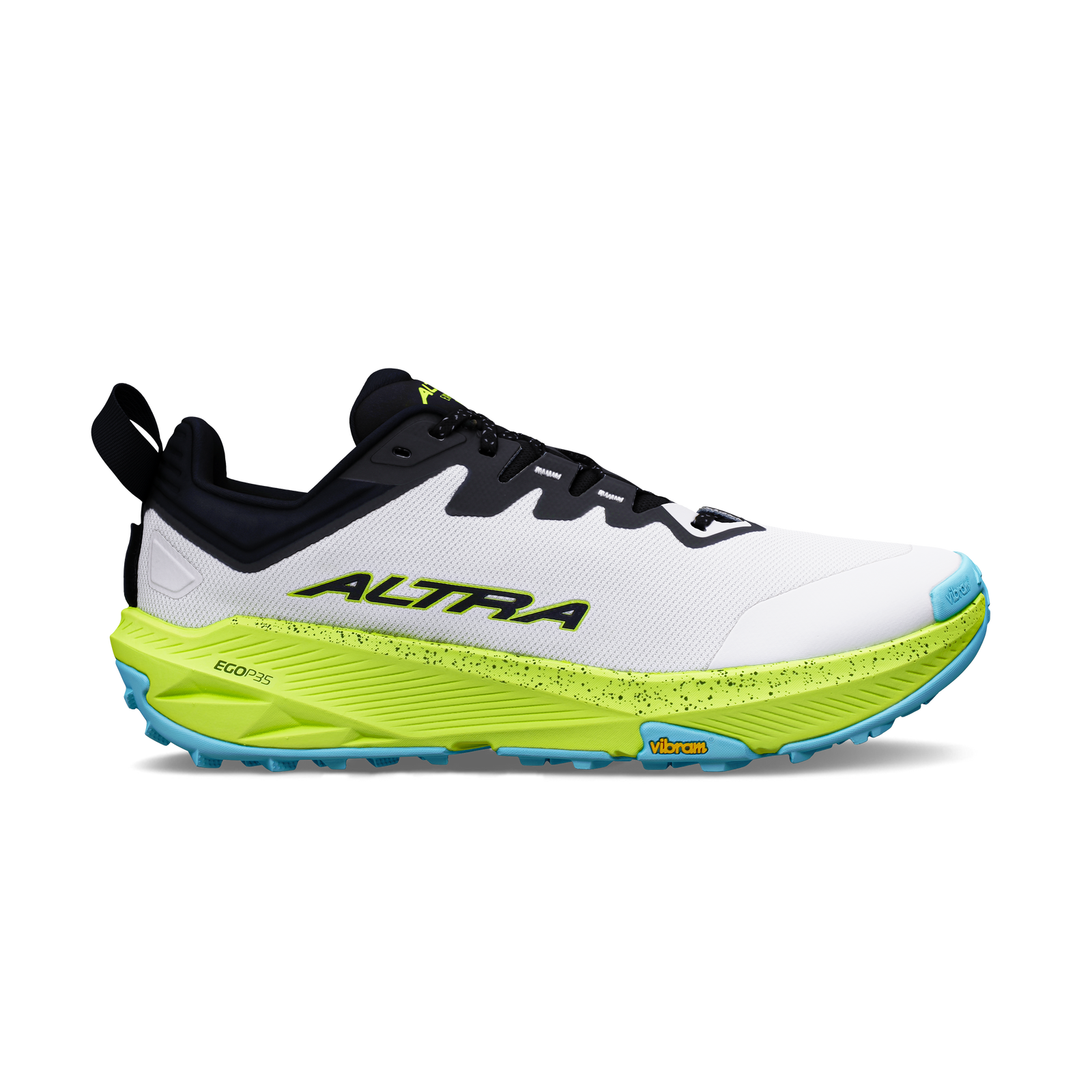 Side view on white background of Mens Altra Experience Wild 3+ running shoe in White/Lime, Medium (Regular) width