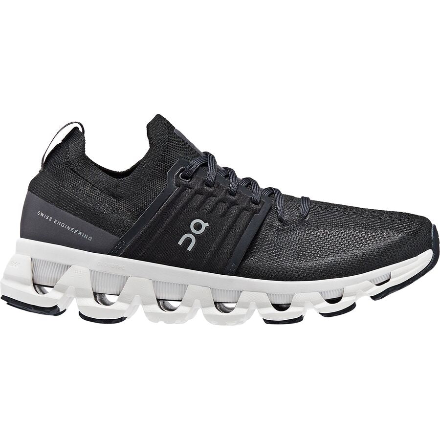 Side view on white background of Womens On Cloudswift 3 running shoe in All Black, Medium (Regular) width