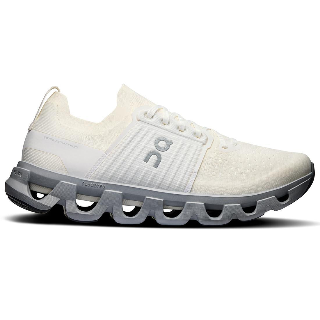 Side view on white background of Mens On Cloudswift 4 running shoe in Ivory/Alloy, Medium (Regular) width