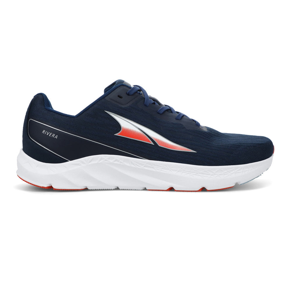 Side view on white background of Mens Altra Rivera running shoe in Navy, Medium (Regular) width