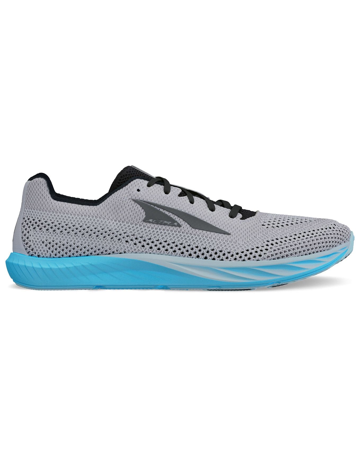 Side view on white background of Mens Altra Escalante Racer 2 running shoe in Gray/Blue, Medium (Regular) width