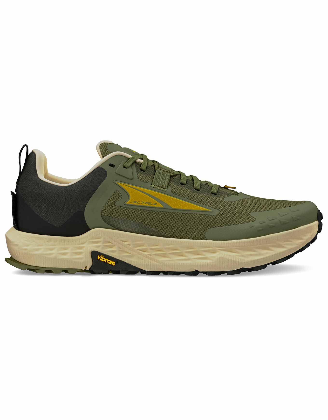 Side view on white background of Mens Altra Timp 5 running shoe in Green, Medium (Regular) width