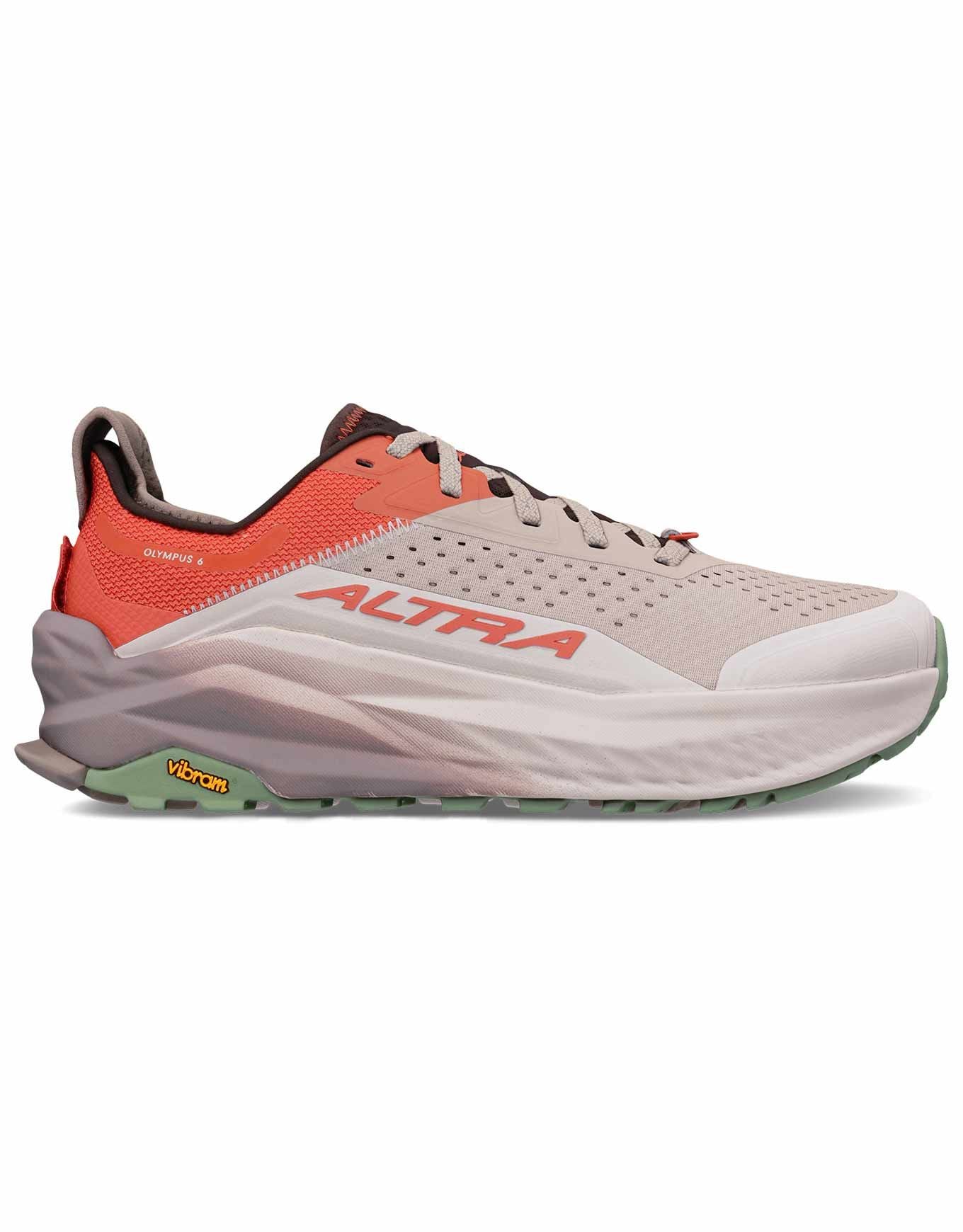 Side view on white background of Mens Altra Olympus 6 running shoe in Orange/Clay, Medium (Regular) width