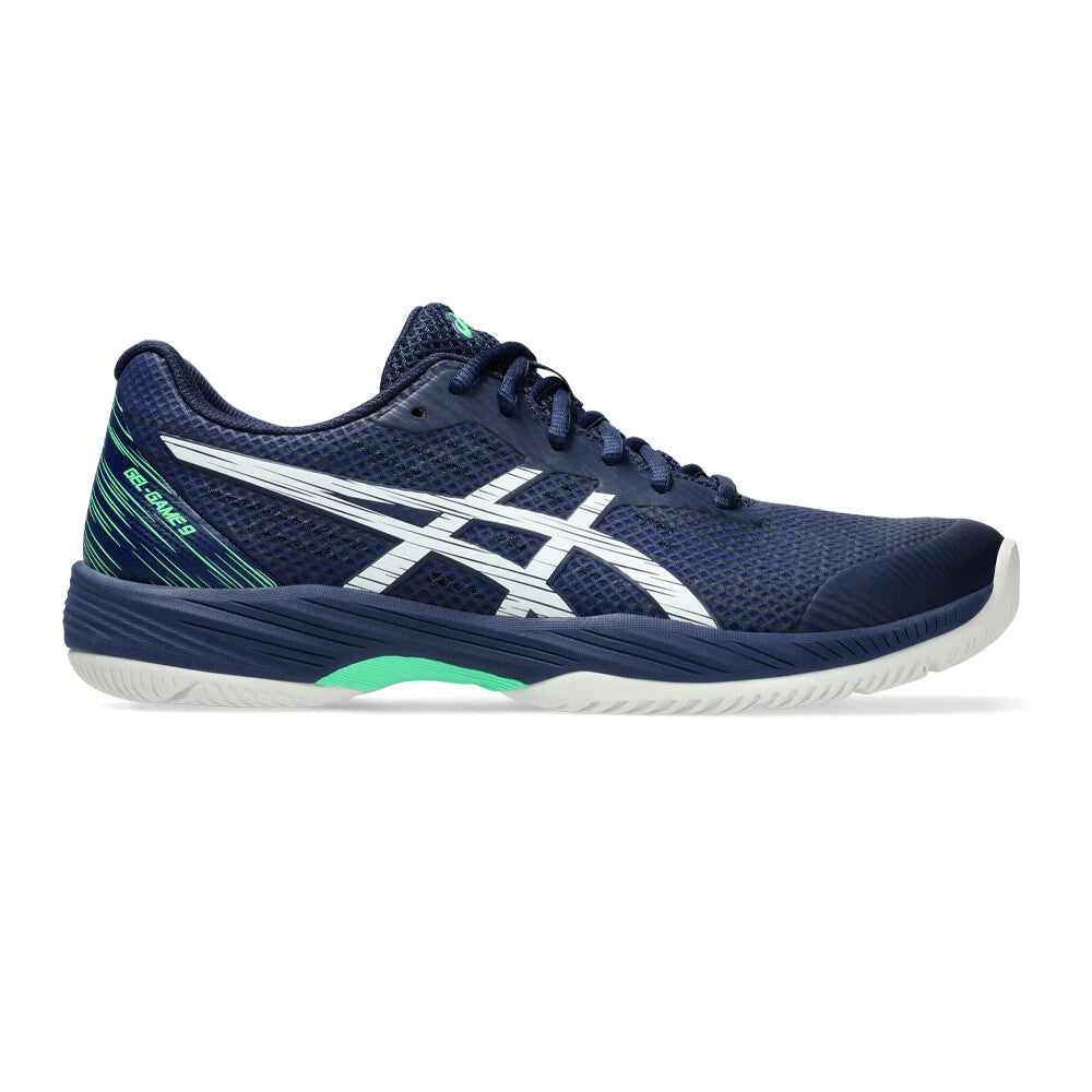 Side view on white background of Mens Asics Gel-Game 9 running shoe in Blue Expanse/White, Medium (Regular) width