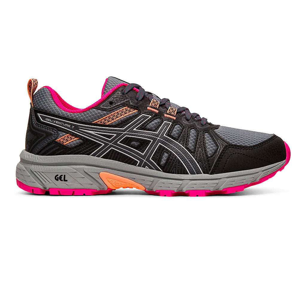 Side view on white background of Womens Asics Gel-Venture 7 running shoe in CarrierGrey/Silver, Wide width