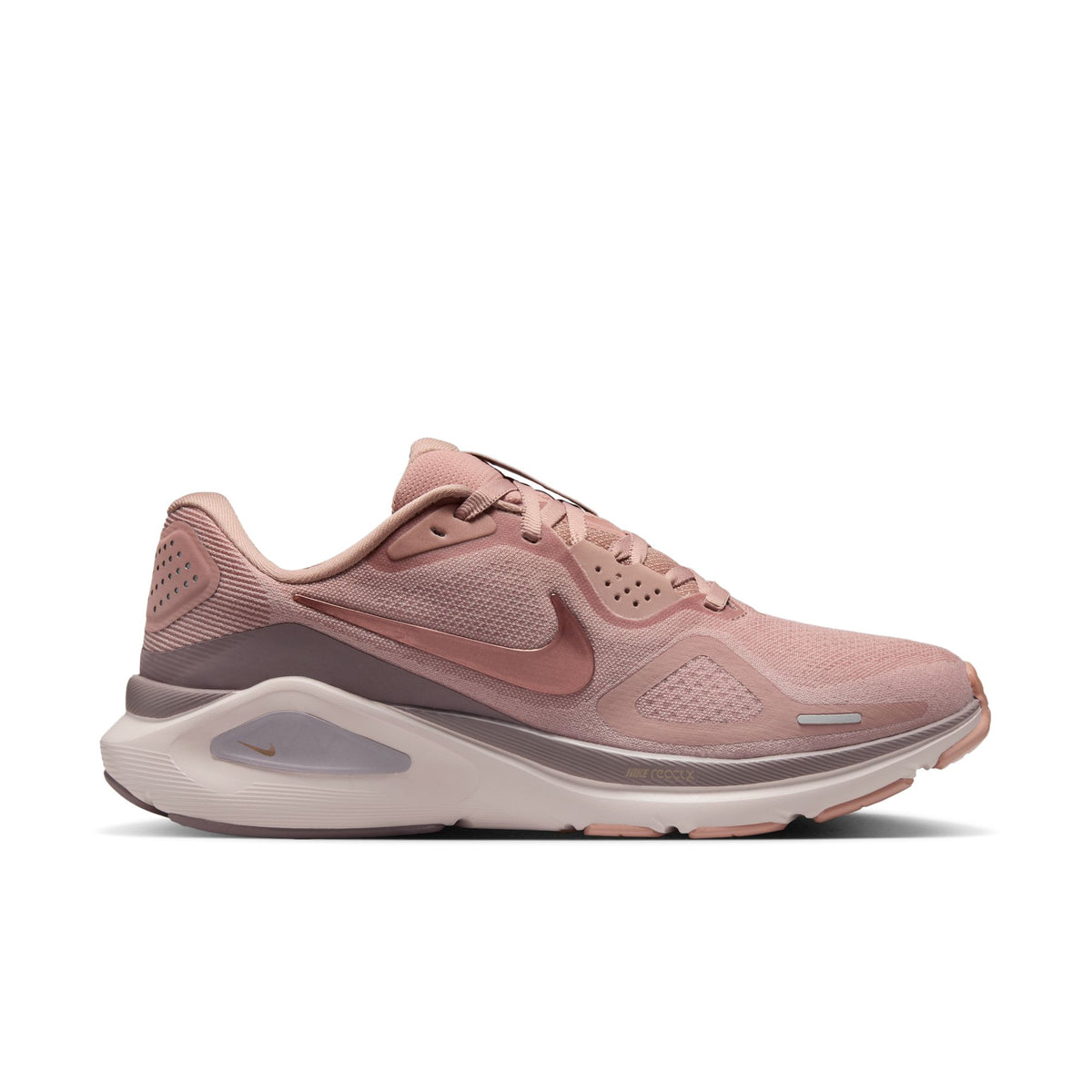 Side view on white background of Womens Nike Structure 26 running shoe in Particle Pink/Metallic Rose Gold/Taupe Grey, Medium (Regular) width