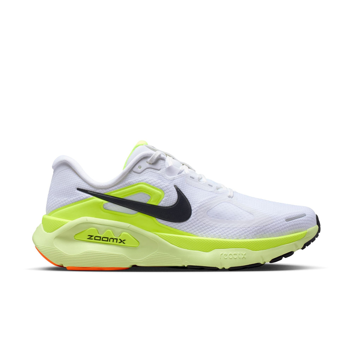 Side view on white background of Mens Nike Structure Plus running shoe in White/Black/Pure Platinum/Volt, Medium (Regular) width