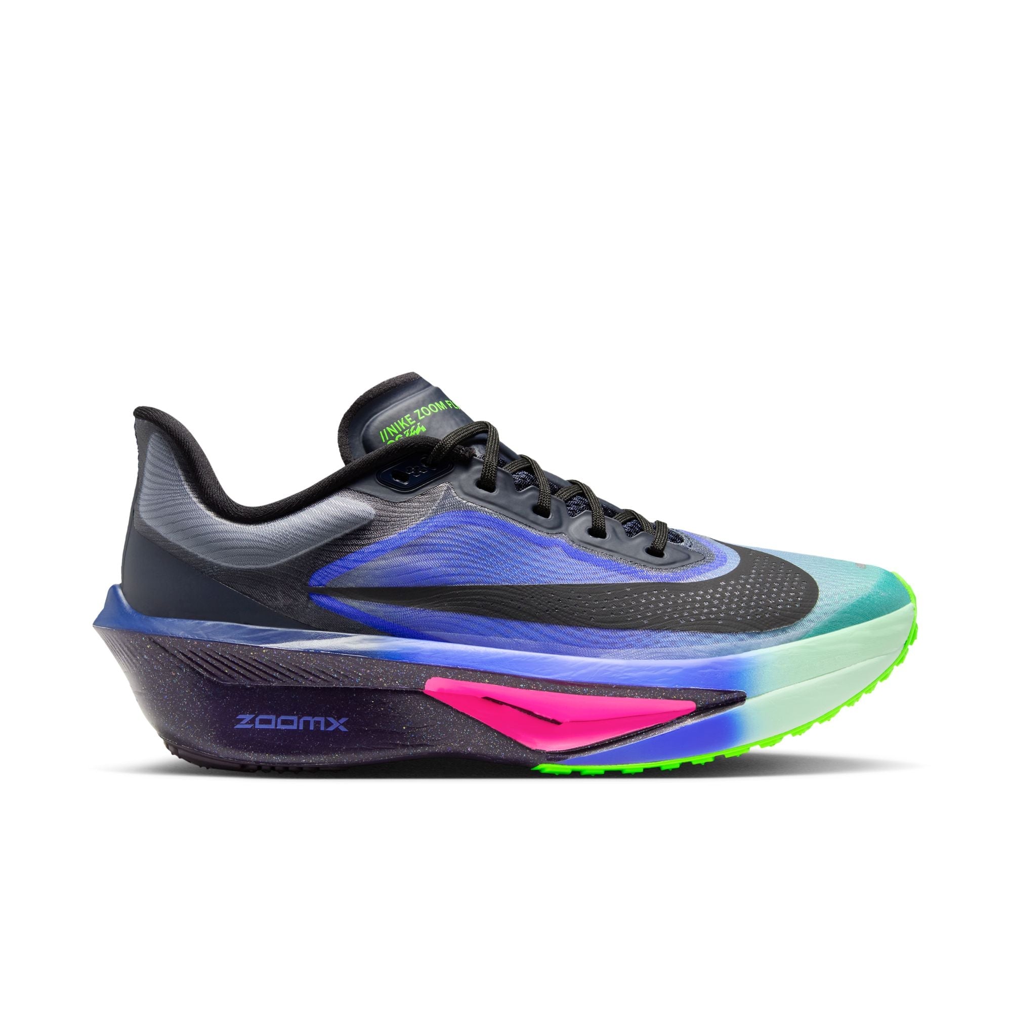 Side view on white background of Womens Nike Zoom Fly 6 running shoe in Dark Obsidian/Black-Racer Blue, Medium (Regular) width