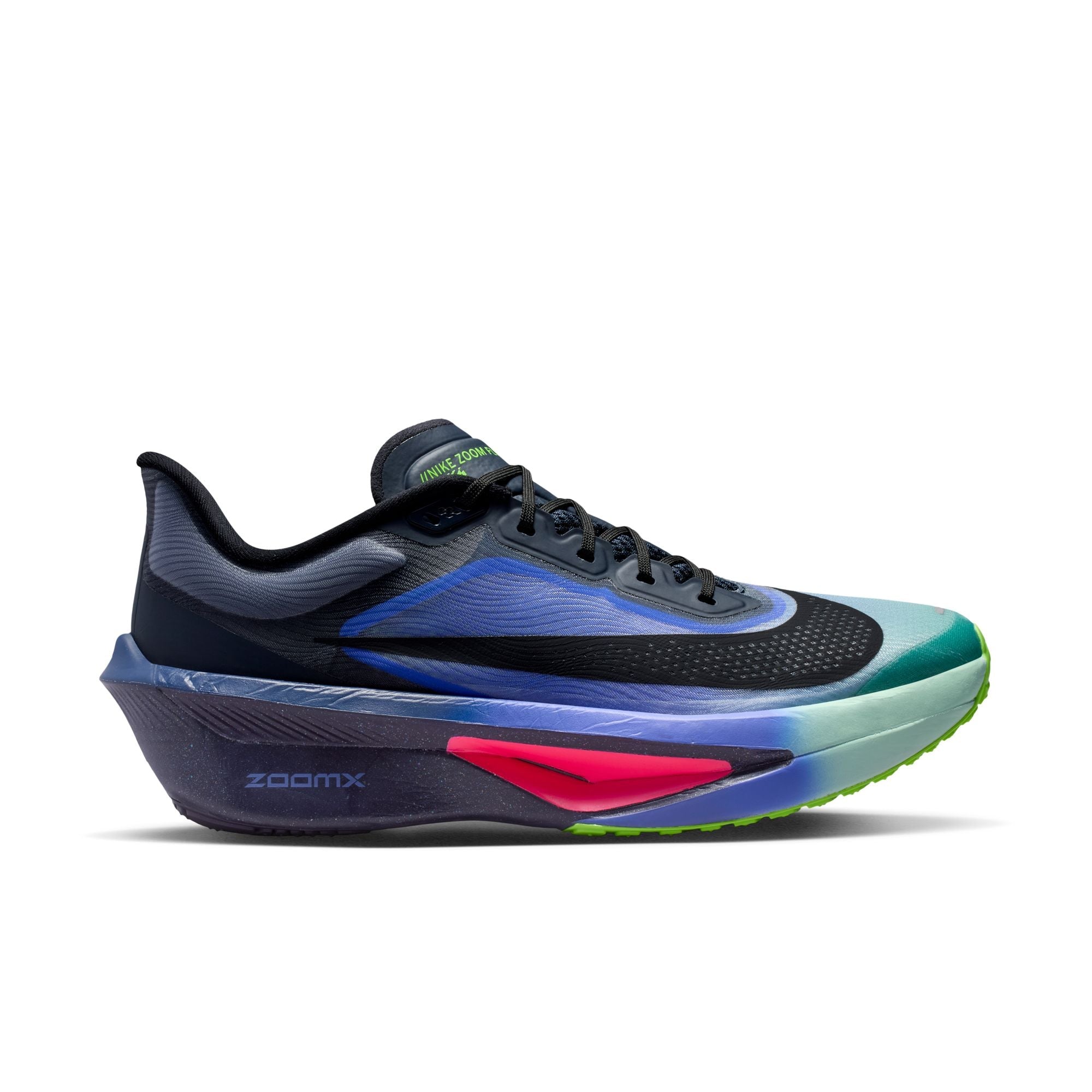 Side view on white background of Mens Nike Zoom Fly 6 running shoe in Dark Obsidian/Black-Racer Blue, Medium (Regular) width