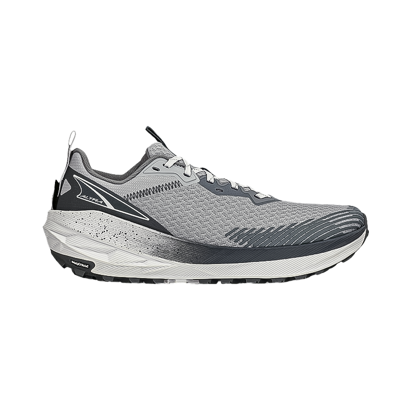 Side view on white background of Womens Altra Experience Wild 2 running shoe in Gray, Medium (Regular) width