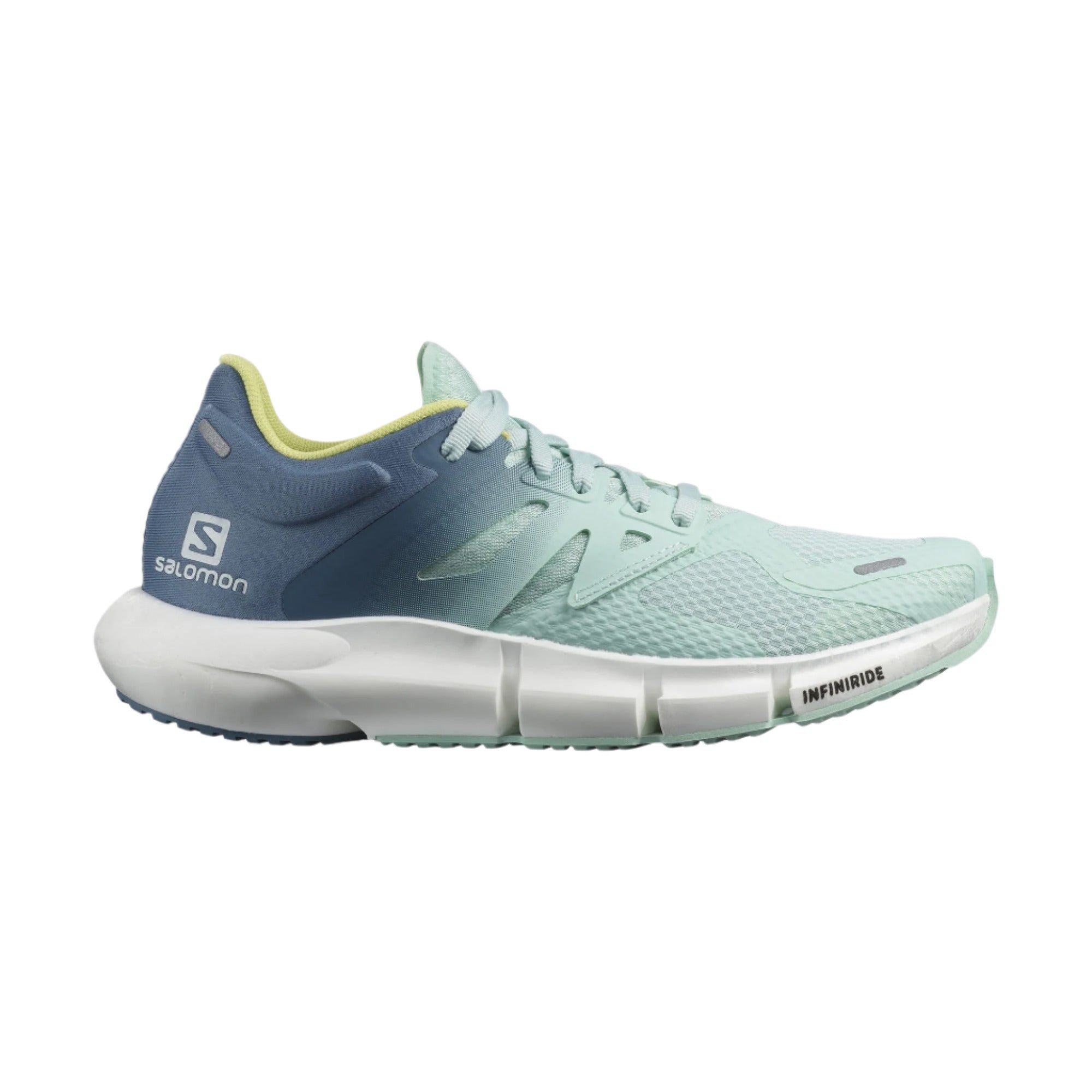 Side view on white background of Womens Salomon Predict 2 running shoe in Icy Morn/Copen Blue/Charlock, Medium (Regular) width