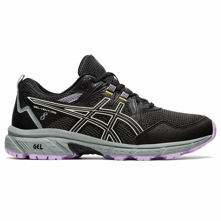 Side view on white background of Womens Asics Gel-Venture 8 running shoe in Black/Ivory, Medium (Regular) width