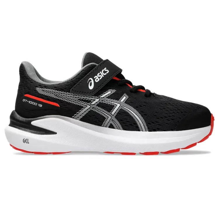 Side view on white background of Kids Asics GT-1000 13 PS running shoe in Black/Fiery Red, Medium (Regular) width