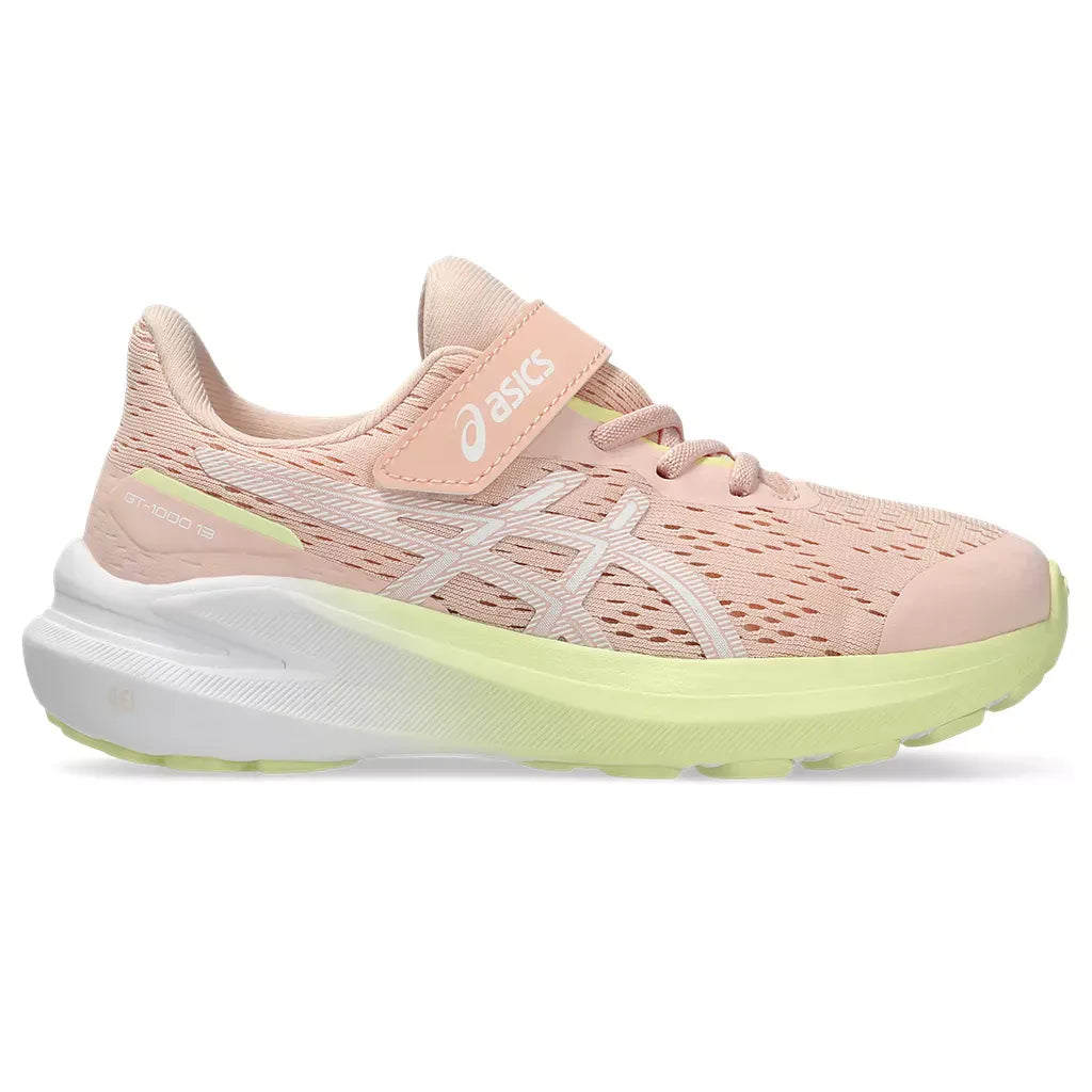 Side view on white background of Kids Asics GT-1000 13 PS running shoe in Breeze/White, Medium (Regular) width