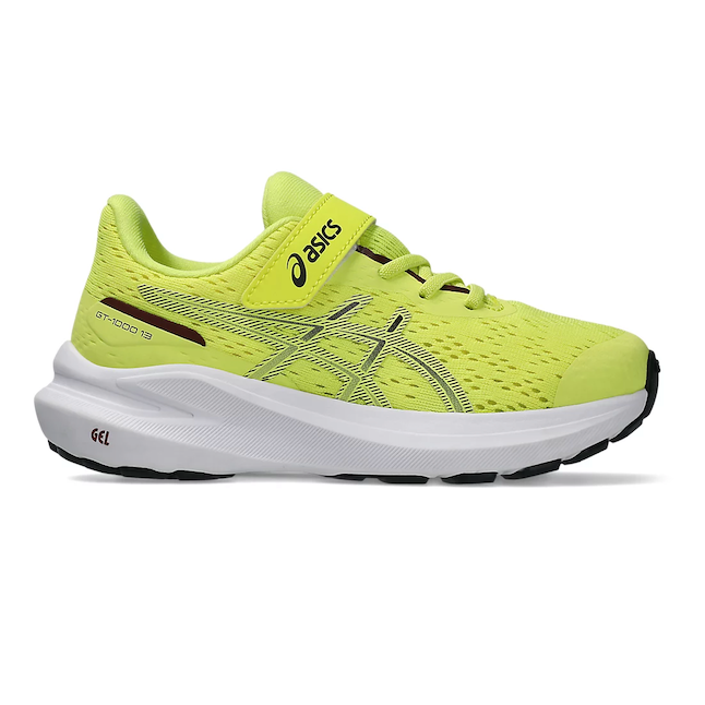 Side view on white background of Kids Asics GT-1000 13 PS running shoe in Citron/White, Medium (Regular) width
