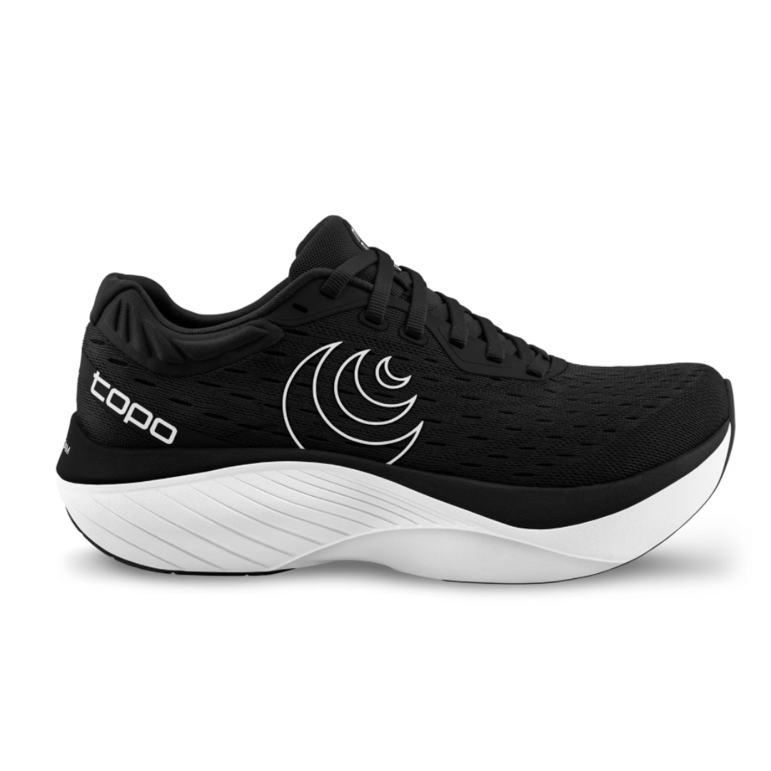 Side view on white background of Mens Topo Athletic Atmos running shoe in Black/White, Medium (Regular) width