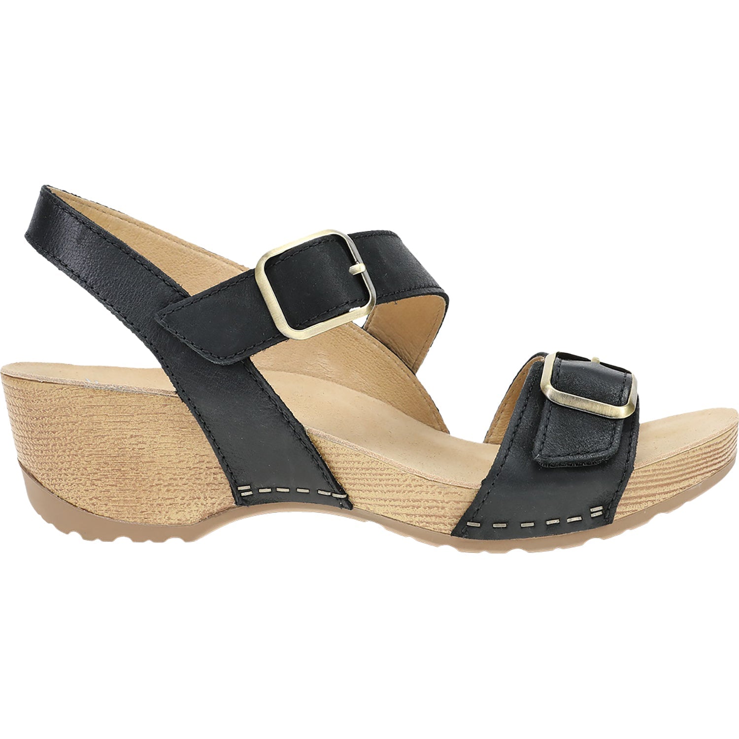 Side view on white background of Womens Dansko Trinity Burnished Nubuck running shoe in Black, Medium (Regular) width