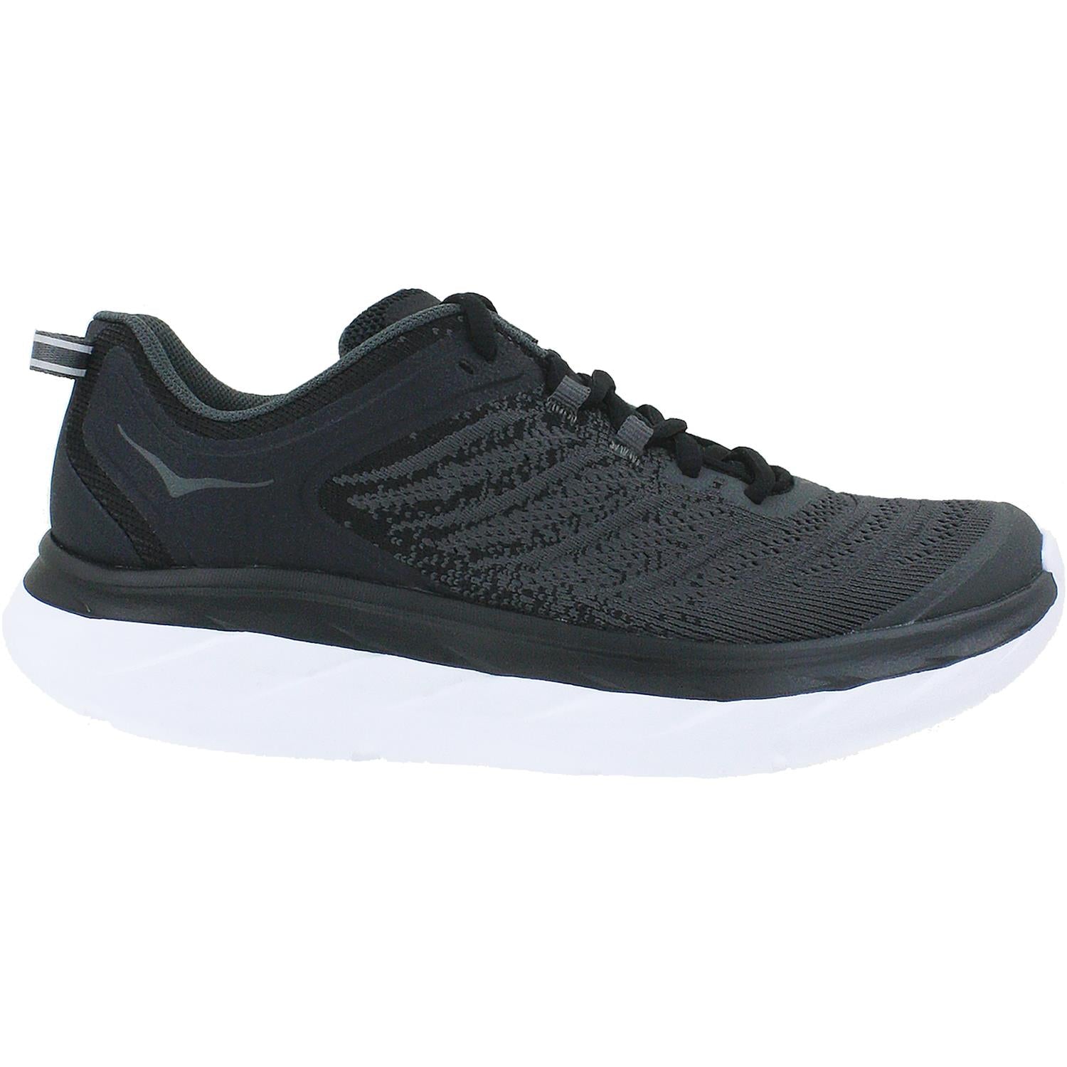 Side view on white background of Mens Hoka Akasa running shoe in Black/Dark Shadow, Medium (Regular) width