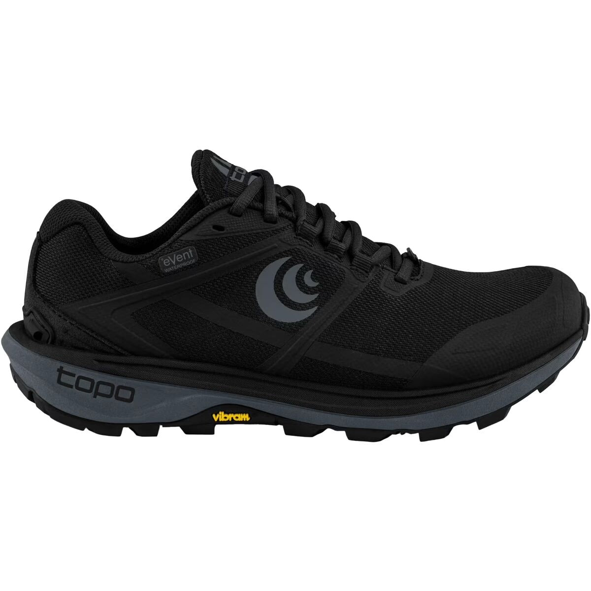 Side view on white background of Mens Topo Athletic Terraventure 4 Waterproof running shoe in Black/Charcoal, Medium (Regular) width