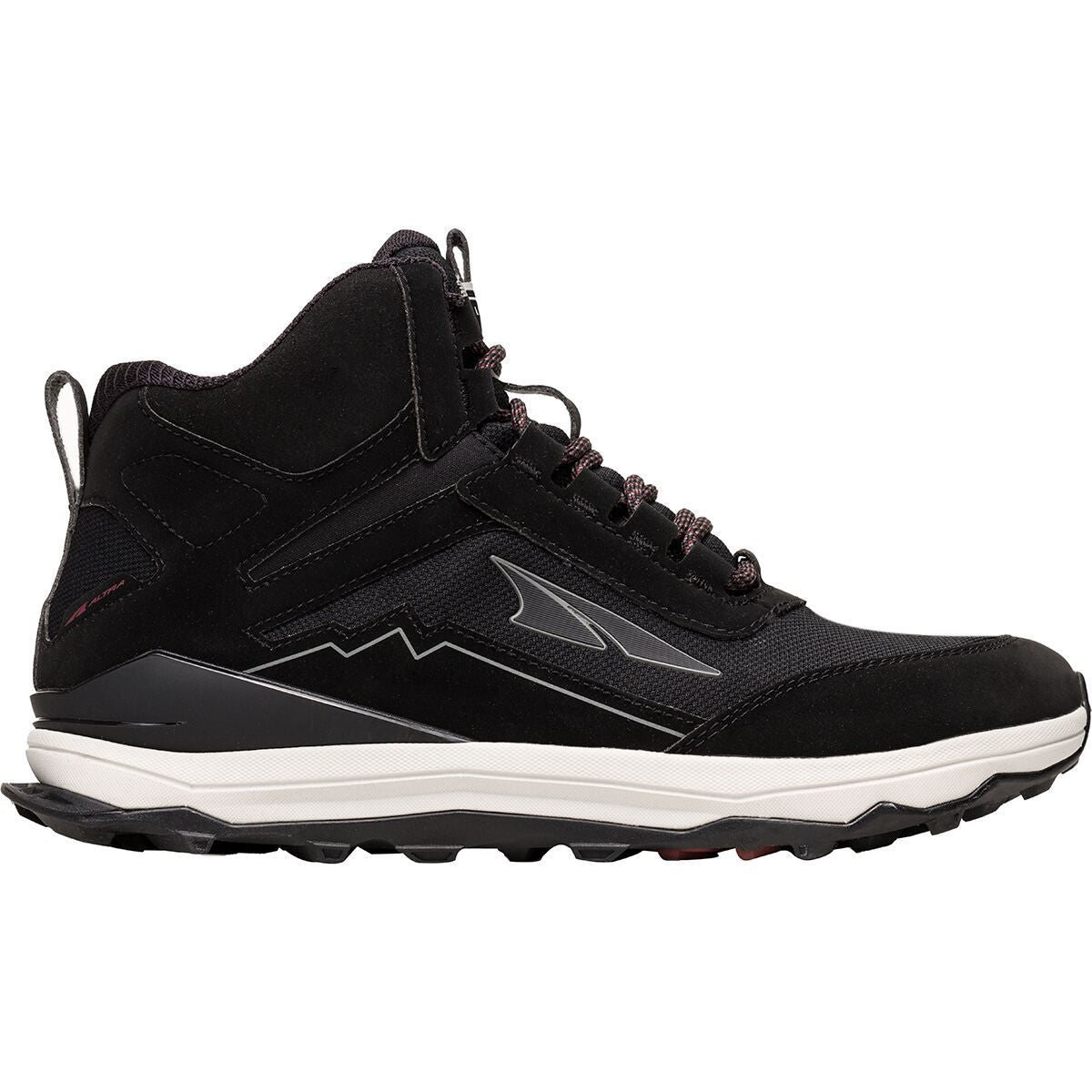 Side view on white background of Mens Altra Lone Peak Hiker running shoe in Black/White, Medium (Regular) width