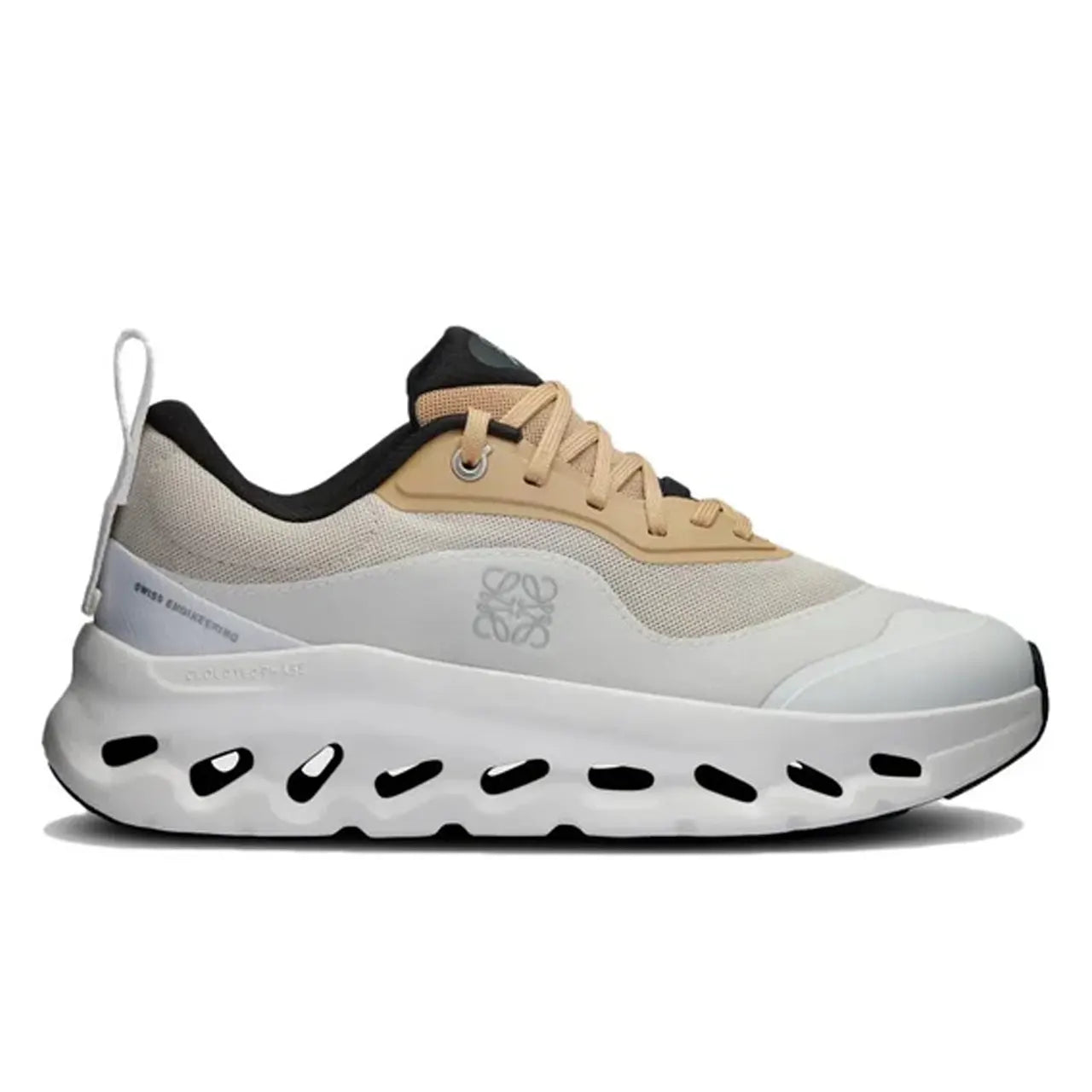Side view on white background of Womens On Cloudtilt LOEWE 2 running shoe in Tan White/Gum, Medium (Regular) width