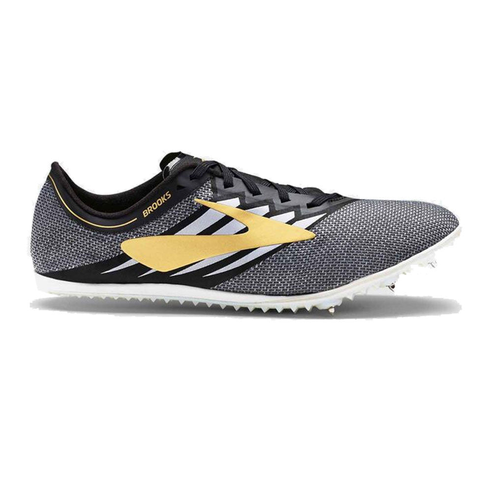 Side view on white background of Mens Brooks ELMN8 v4 Spikes running shoe in Black/Gold/White, Medium (Regular) width